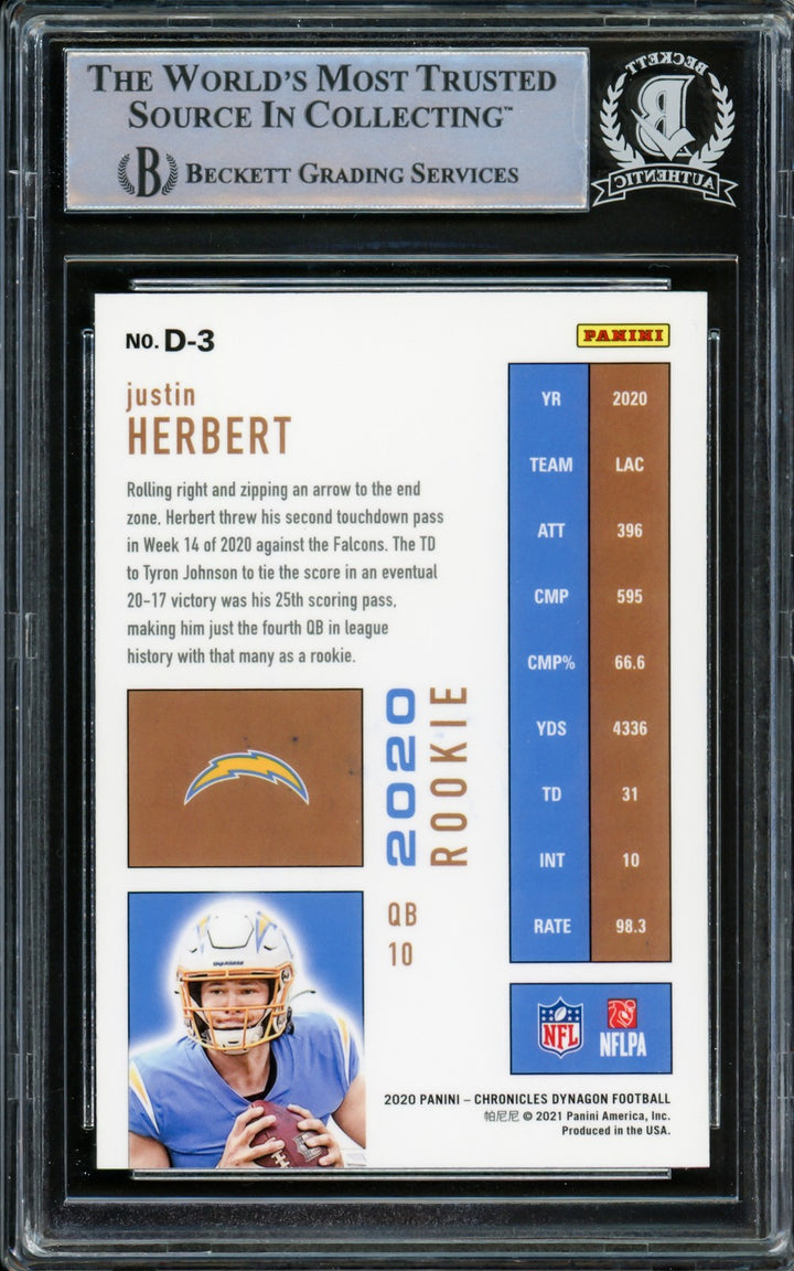 Justin Herbert Signed 2020 Panini Chronicles Dynagon RC D-3 Chargers Beckett