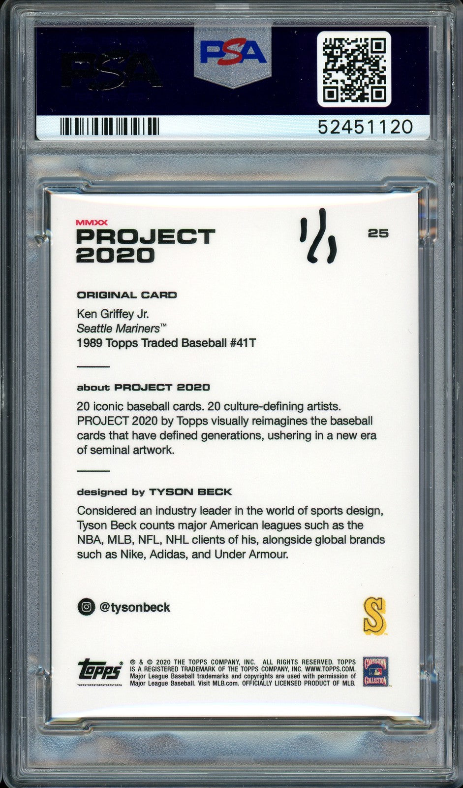 Ken Griffey Jr. Signed Topps Project 2020 Tyson Beck Card 25 HOF 16 #1/1 PSA/DNA