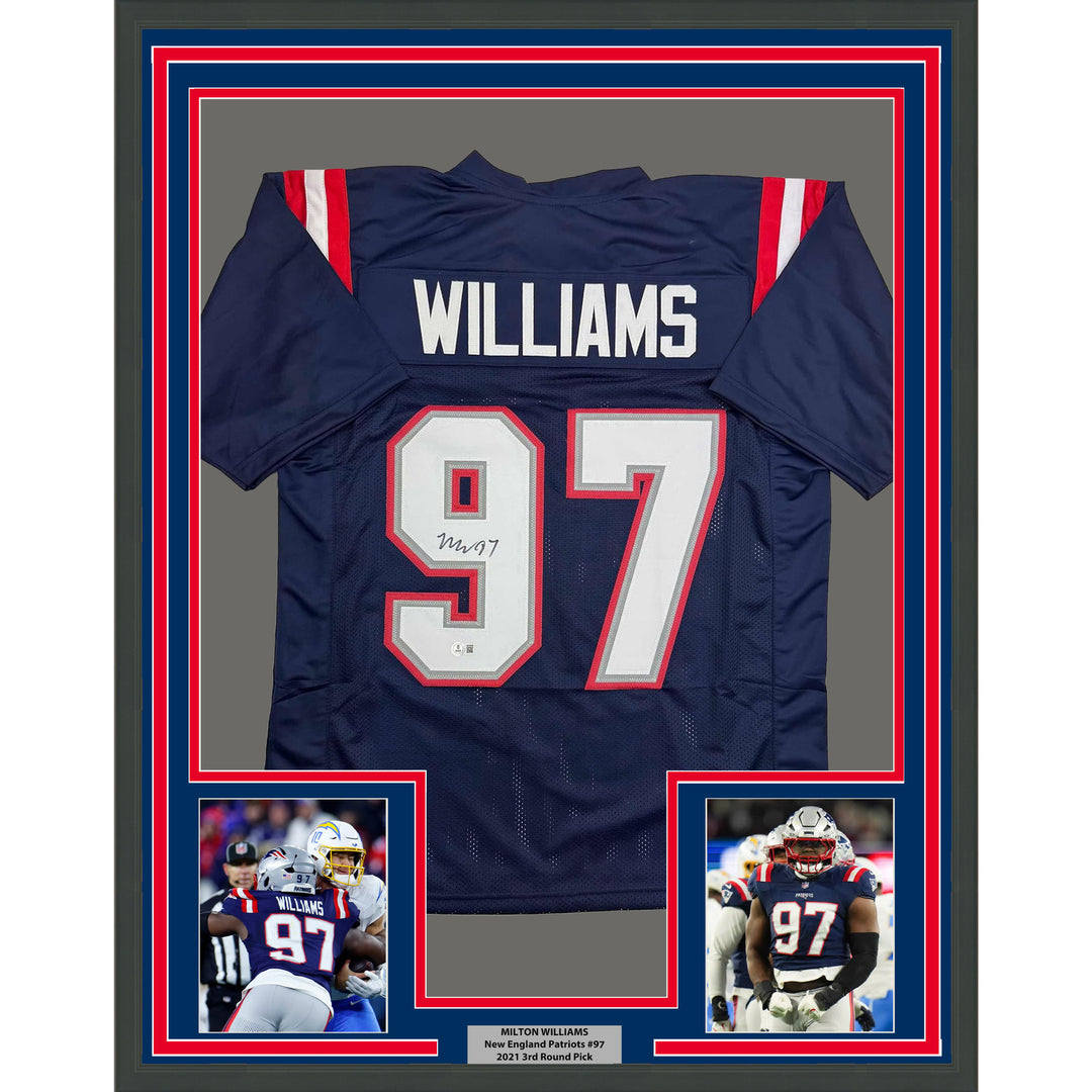 Framed Autographed/Signed Milton Williams 35x39 New England Blue Jersey BAS COA