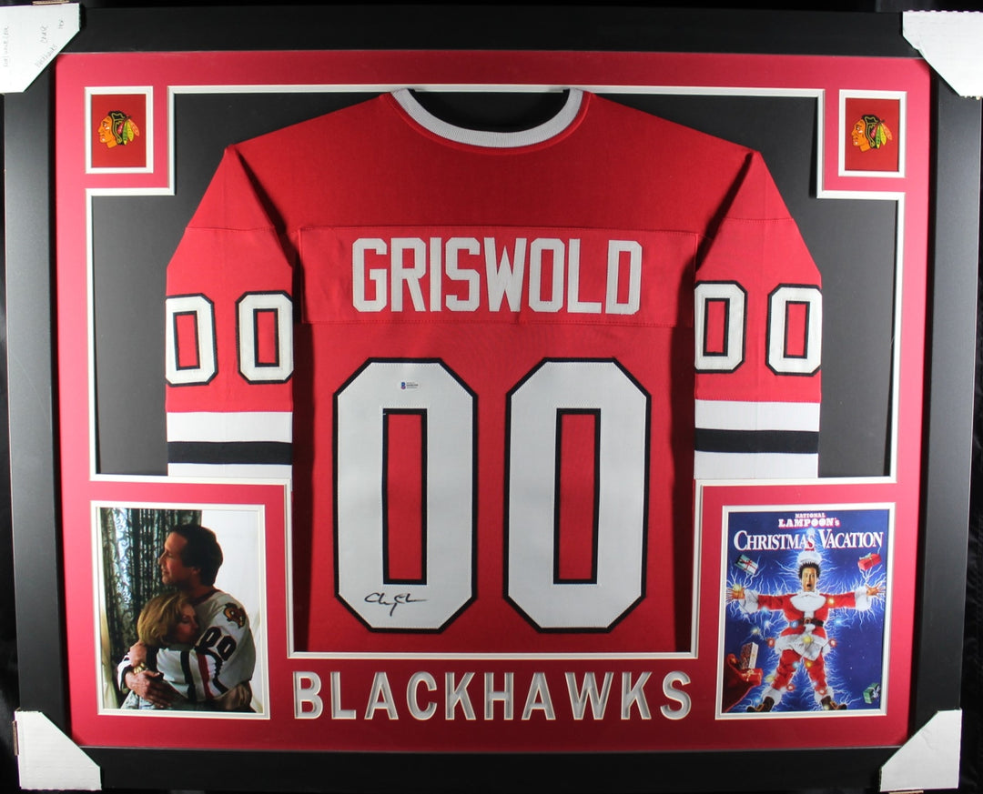 Chevy Chase Autographed Pro Style Framed Red XL Jersey 35x43 Beckett 40129