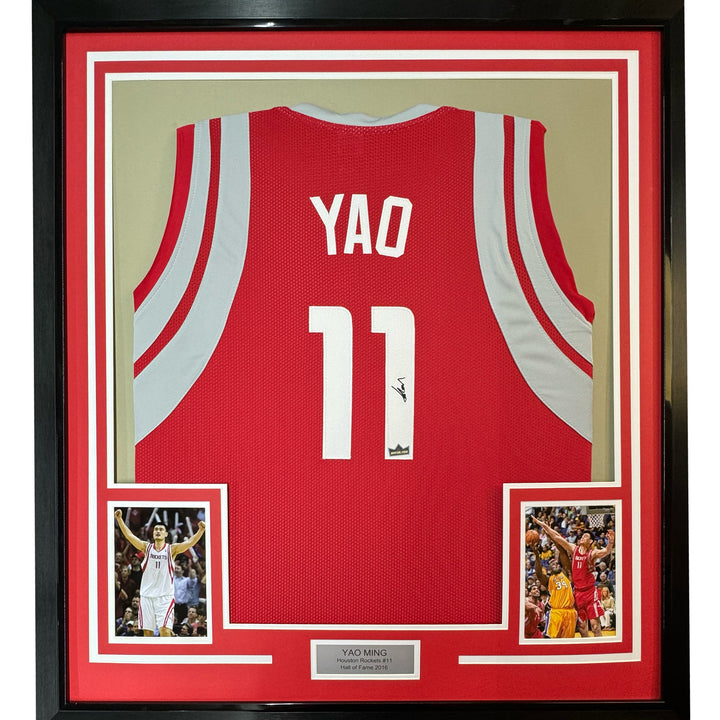 Framed Facsimile Autographed Yao Ming 33x42 Red Reprint Laser Auto Jersey