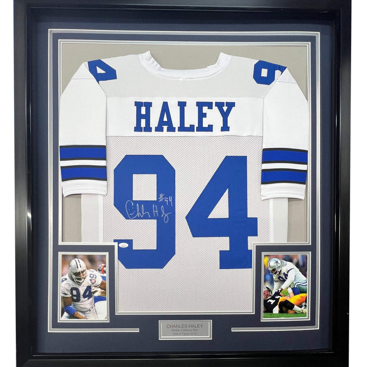 Framed Autographed/Signed Charles Haley 33x42 Dallas White Jersey JSA COA
