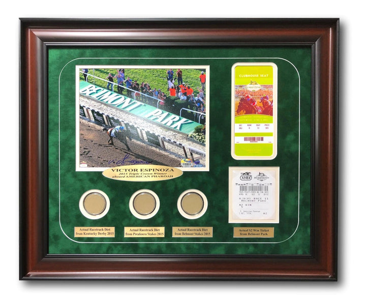 Victor Espinoza Triple Crown Framed Signed 8x10 Photo w/ Race Used Dirt Ticket