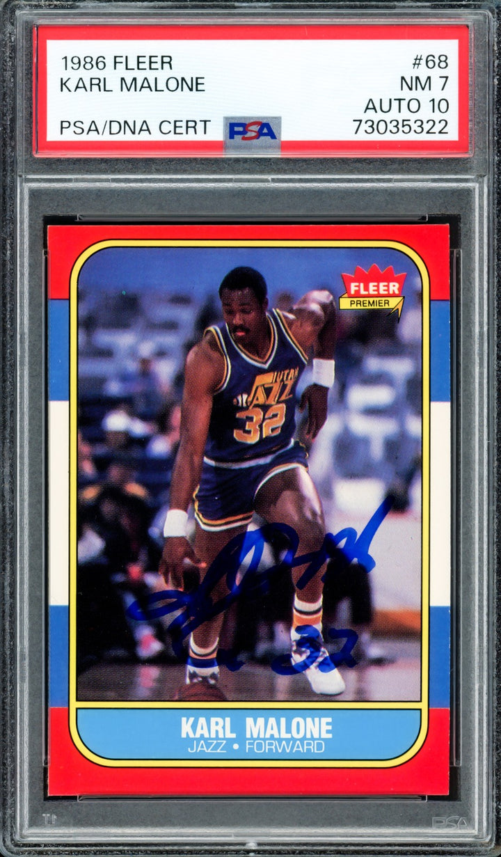 Karl Malone Signed 1986 Fleer RC #68 Utah Jazz PSA 7 Auto GM 10 PSA/DNA