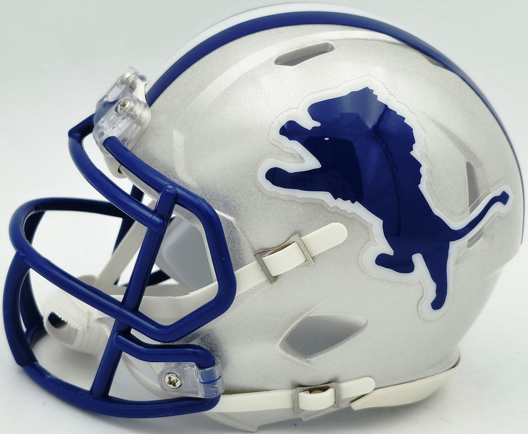 Barry Sanders Signed Lions 1983-02 Silver Throwback Speed Mini Helmet Beckett