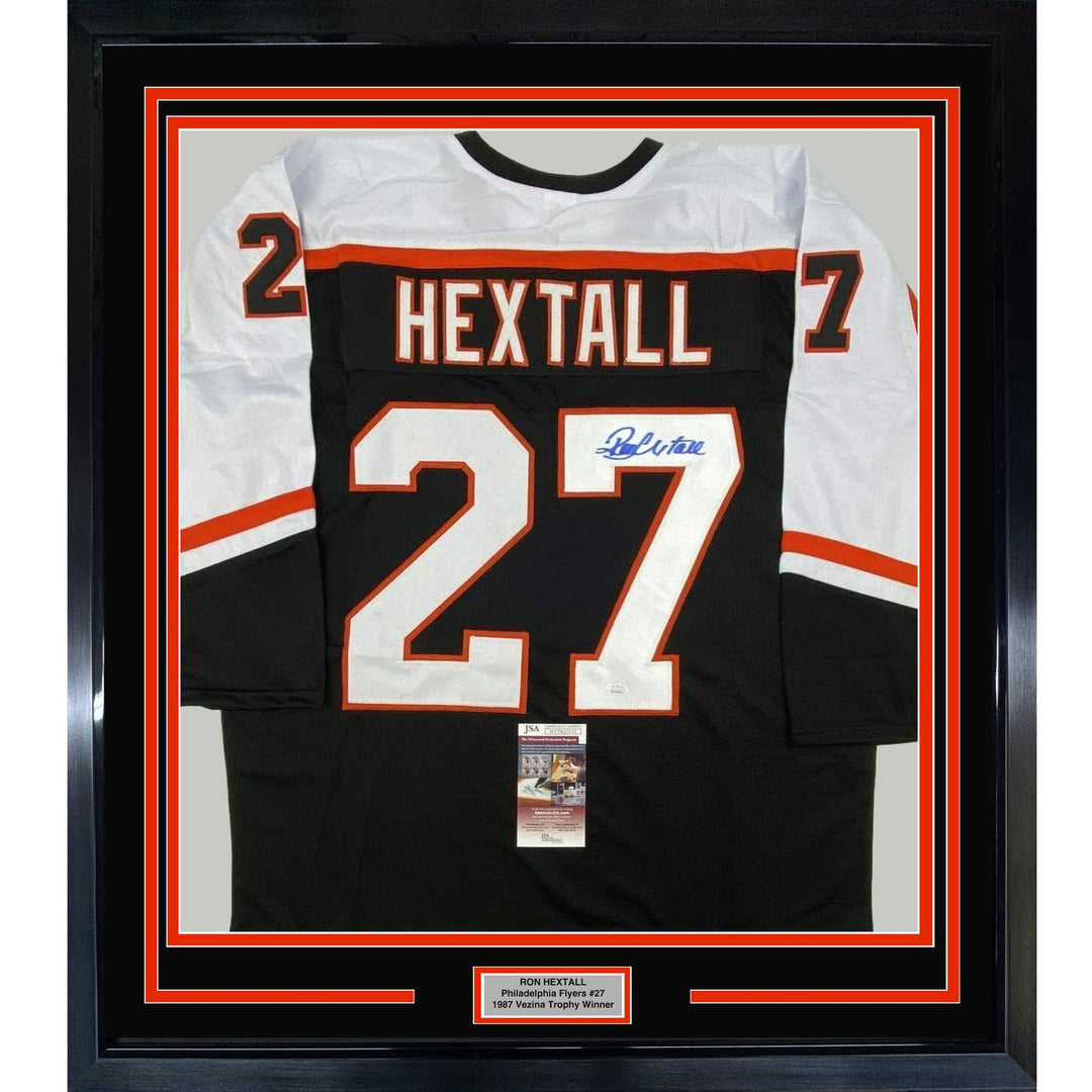 FRAMED Signed RON HEXTALL 35x39 Philadelphia Black Jersey JSA COA