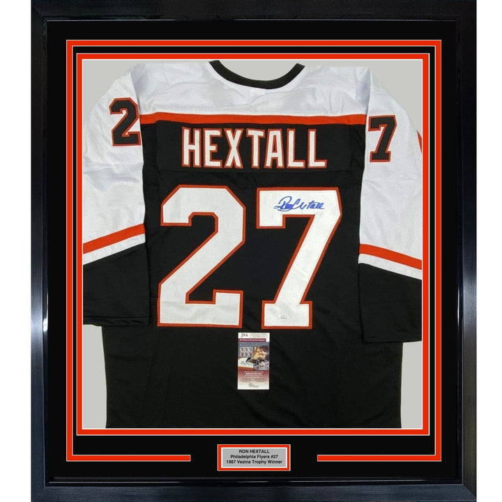 FRAMED Signed RON HEXTALL 35x39 Philadelphia Black Jersey JSA COA