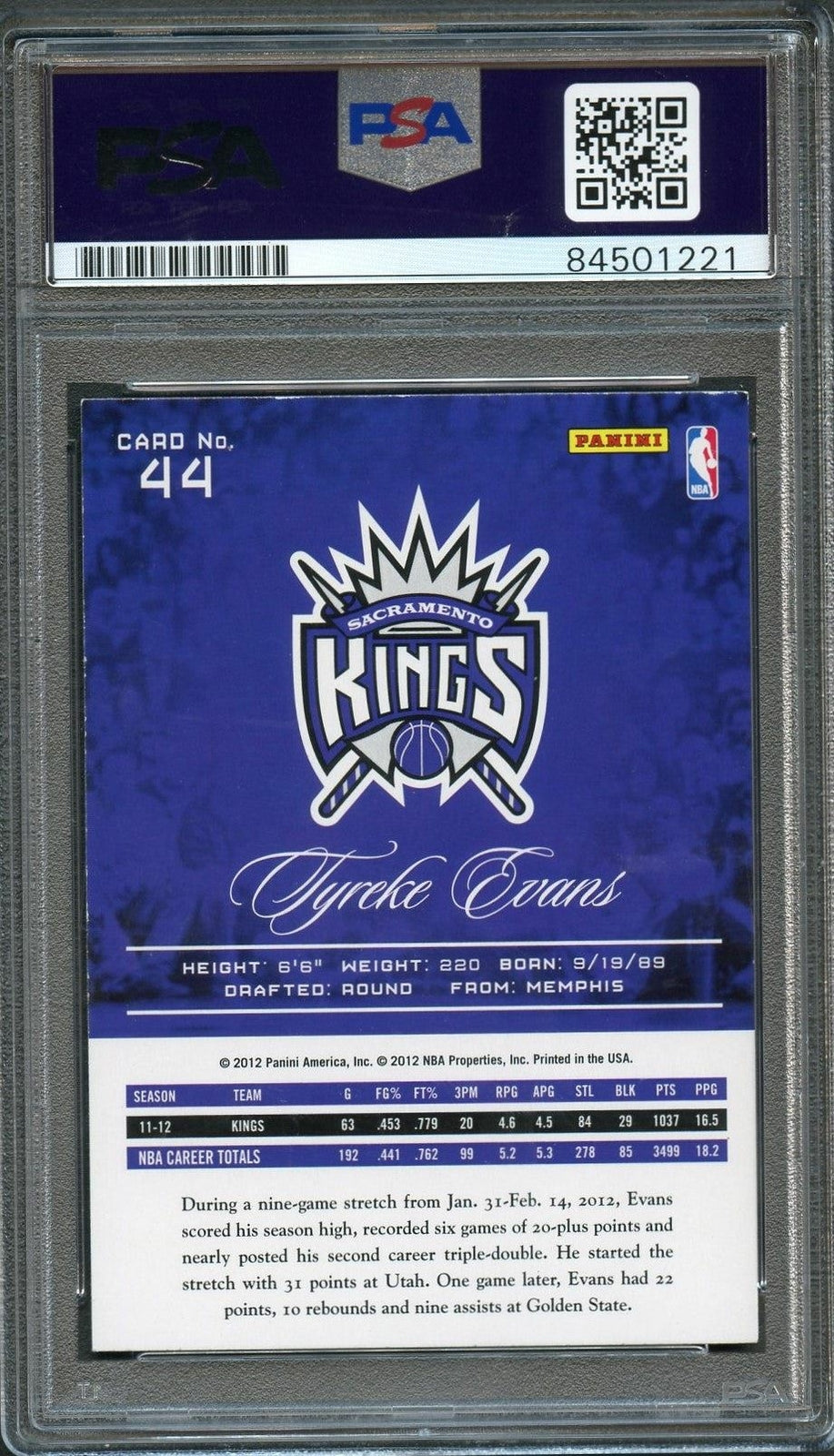 2012-13 Panini Prestige #44 Tyreke Evans Signed Card AUTO PSA Slabbed Kings