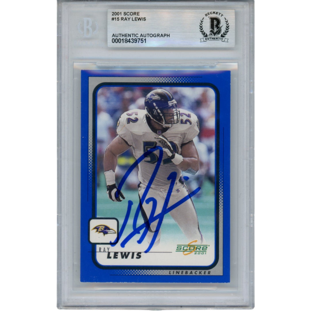 Ray Lewis Autographed/Signed 2001 Score #15 Trading Card Slab Beckett 53487