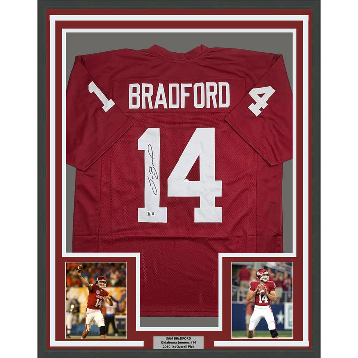 Framed Autographed/Signed Sam Bradford 35x39 Oklahoma Red Jersey Beckett BAS COA