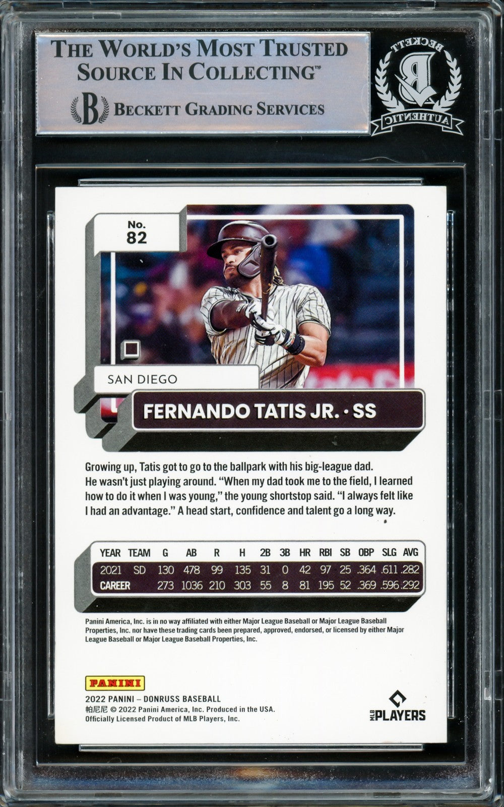 Fernando Tatis Jr. Signed 2022 Donruss Card #82 San Diego Padres Beckett