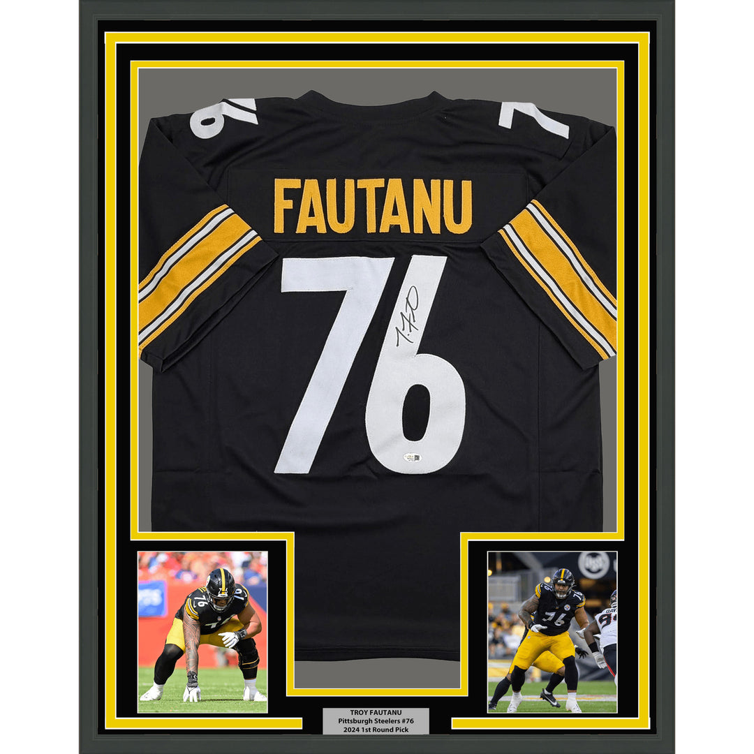 Framed Autographed Troy Fautanu 35x39 Pittsburgh Black Jersey JSA COA