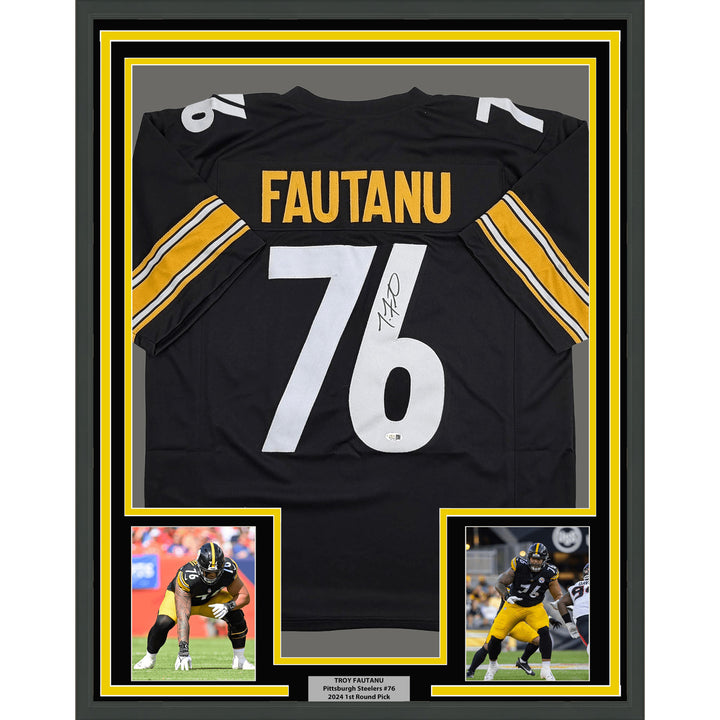 Framed Autographed Troy Fautanu 35x39 Pittsburgh Black Jersey JSA COA