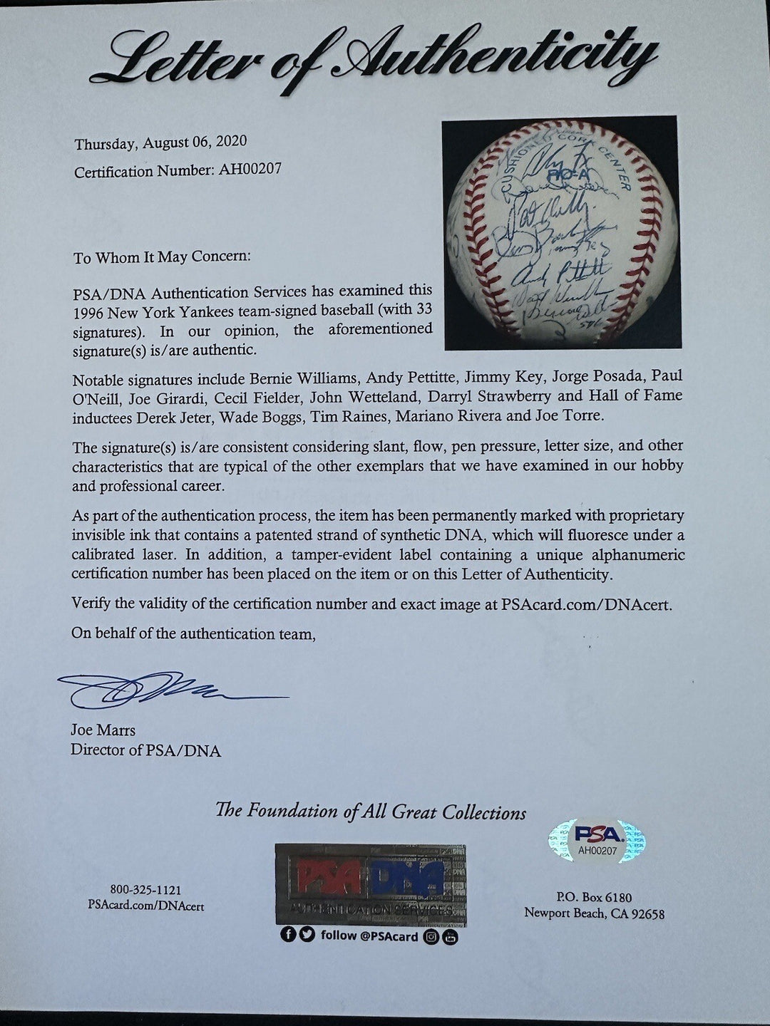 1996 Yankees World Series Team Signed Baseball Derek Jeter Rivera 33 Auto Psa