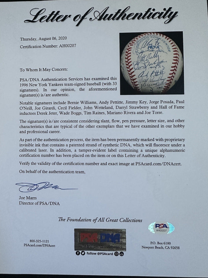 1996 Yankees World Series Team Signed Baseball Derek Jeter Rivera 33 Auto Psa