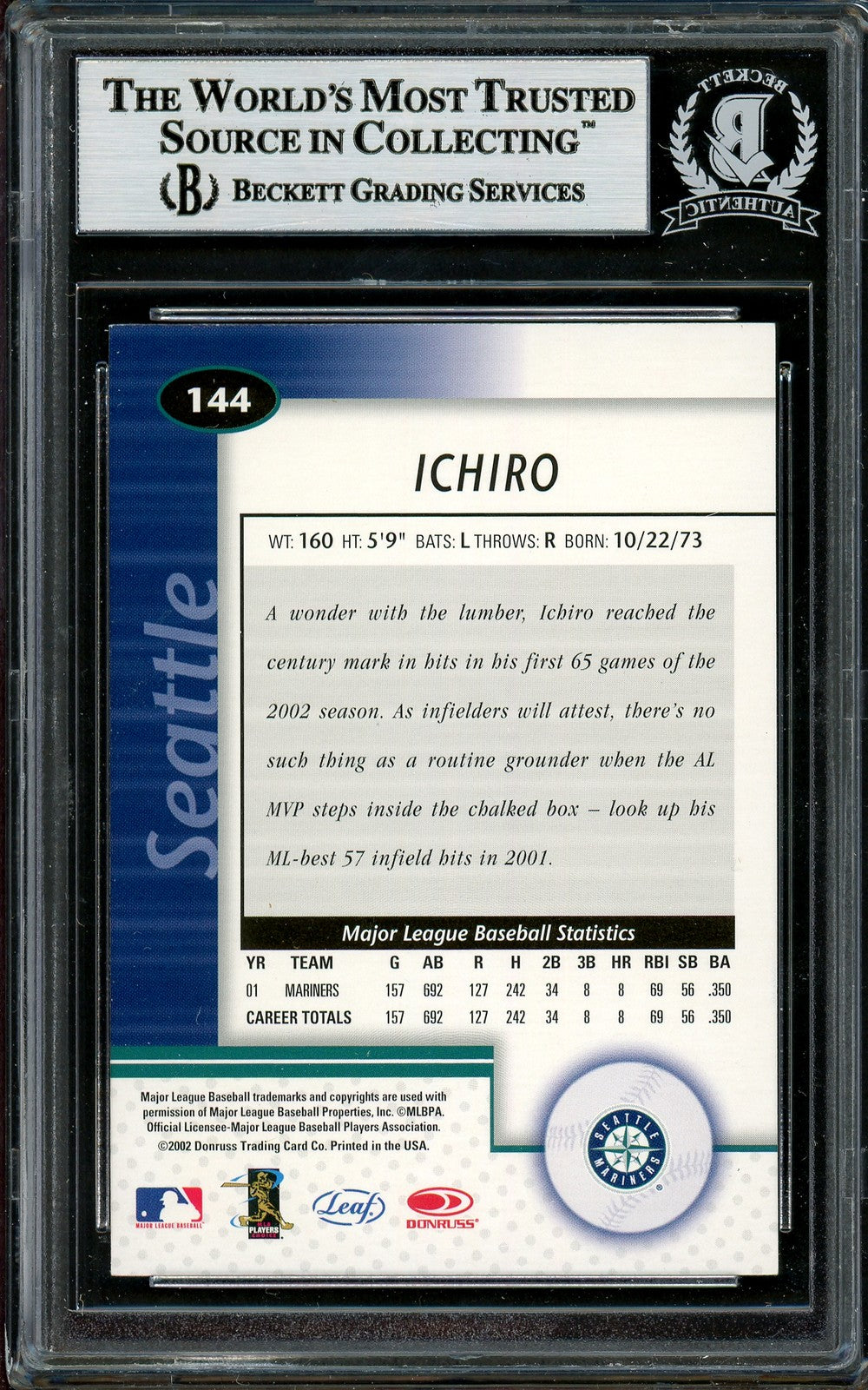 Ichiro Suzuki Signed 2002 Leaf Certified Card 144 Seattle Mariners Beckett