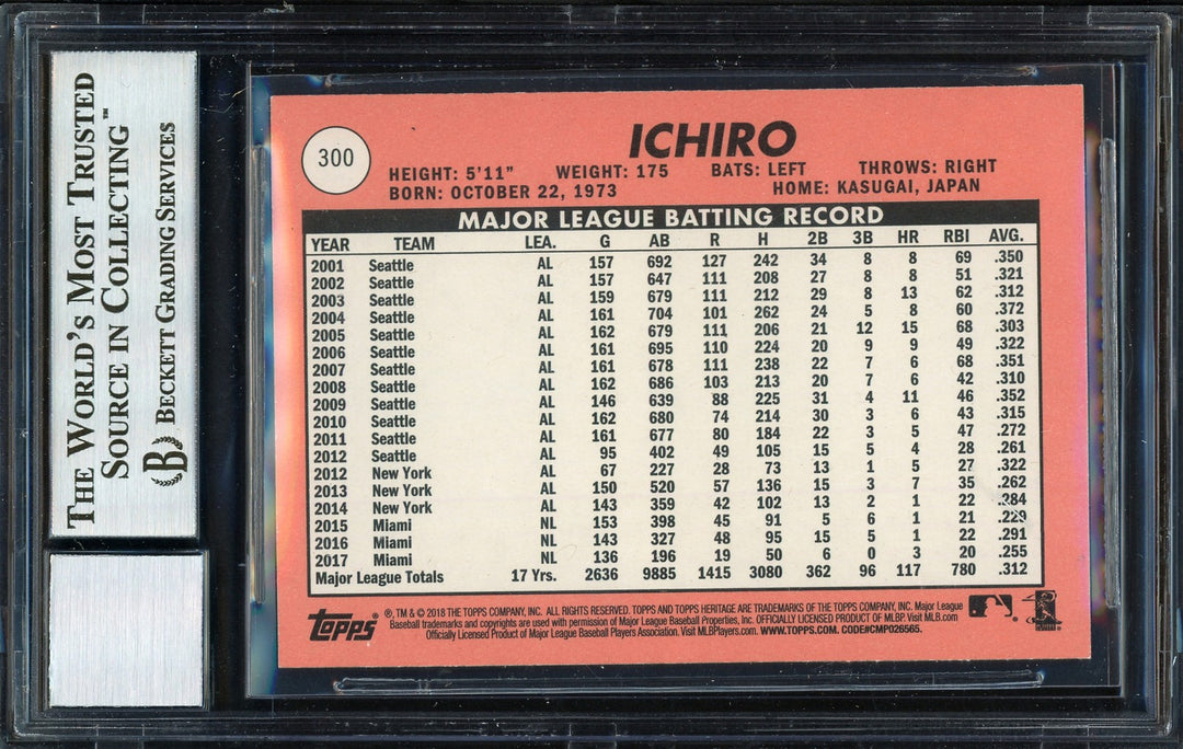 Ichiro Suzuki Signed 2018 Topps Heritage Card 300 Miami Marlins Auto 10 Beckett