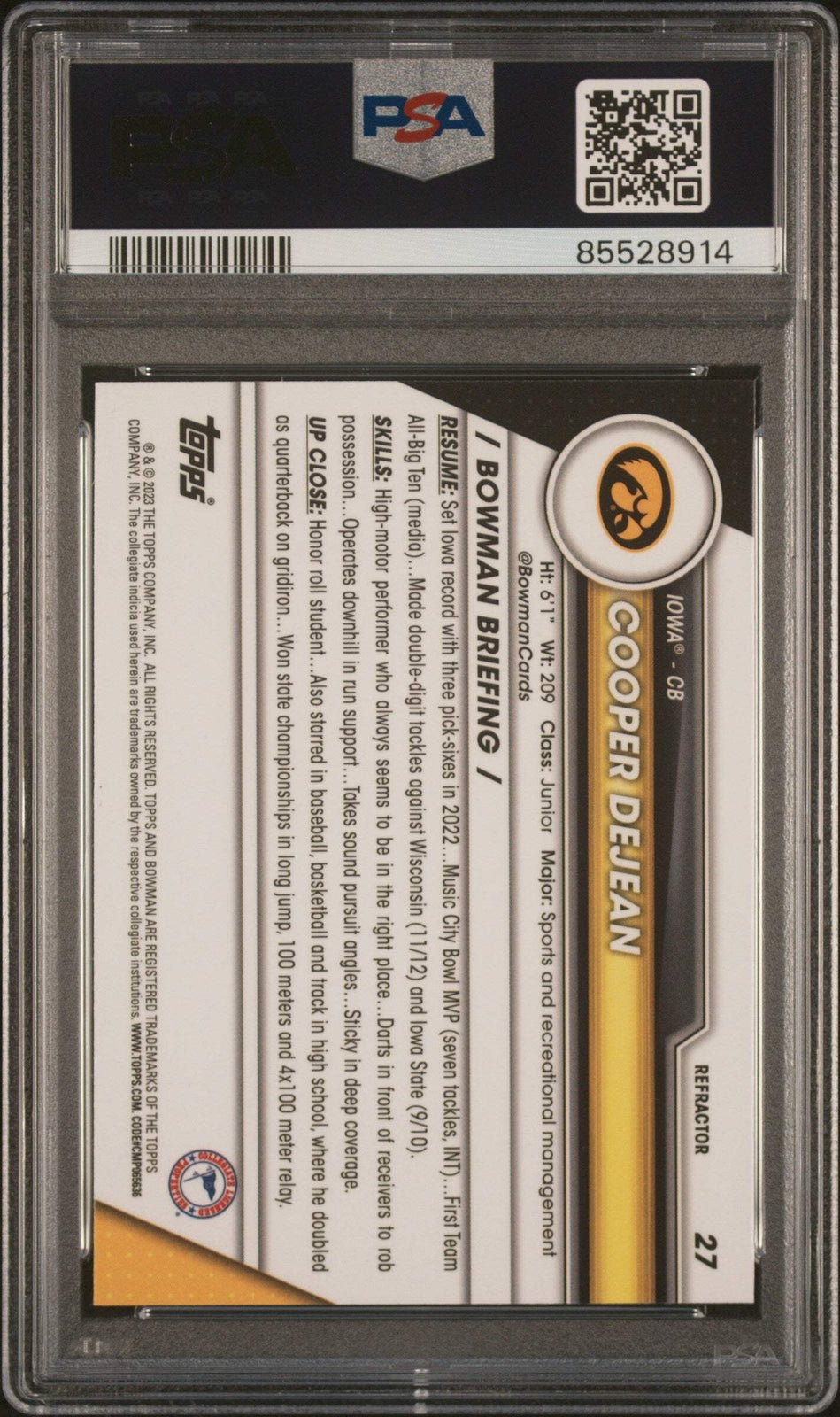 Graded 2023 Bowman U Chrome Cooper DeJean #27 Refractor RC Football Card PSA 10
