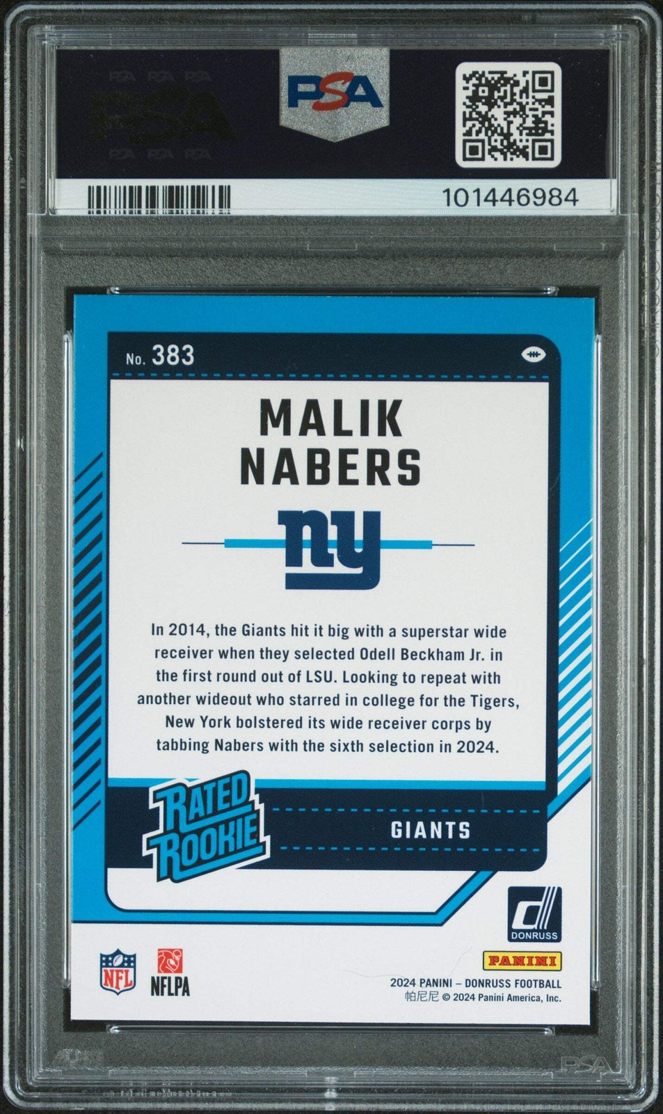 Graded 2024 Panini Donruss Malik Nabers #383 Rookie RC Football Card PSA 10