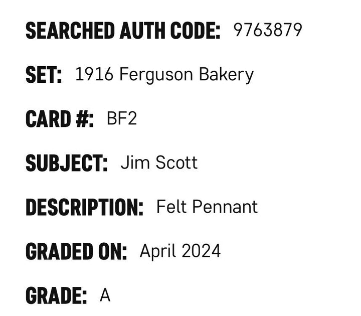 1916 Ferguson Bakery BF2 Jim Scott Gray Felt Pennant SGC Authentic White Sox