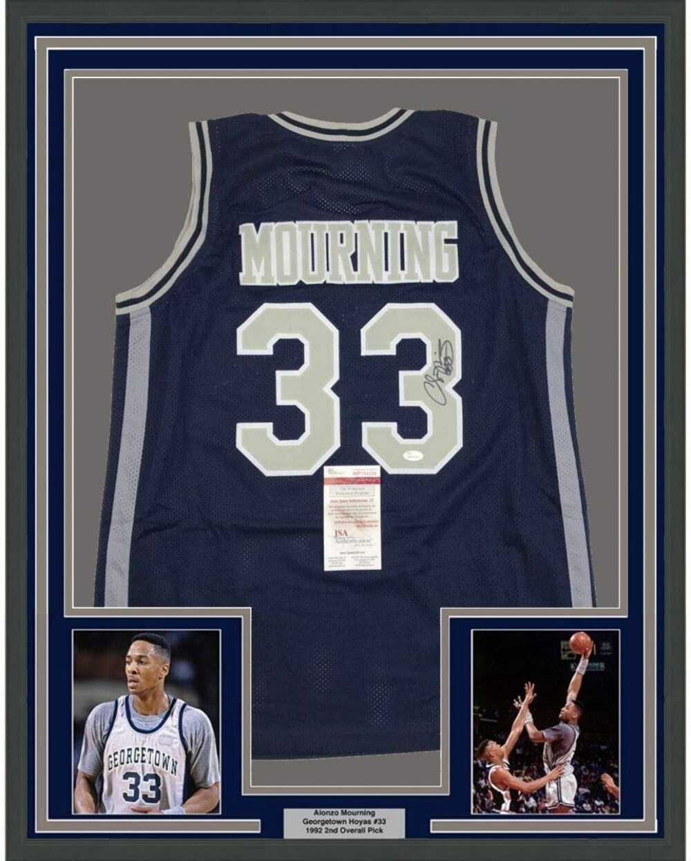Framed Autographed/Signed Alonzo Mourning 33x42 Georgetown Blue Jersey JSA COA