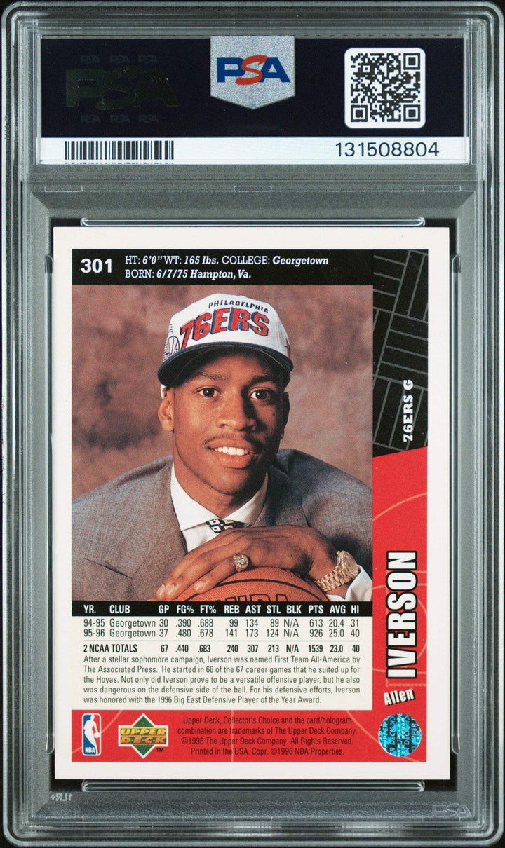 Graded 1996 Collector's Choice Allen Iverson #301 Rookie Card PSA 10 Auto Grade