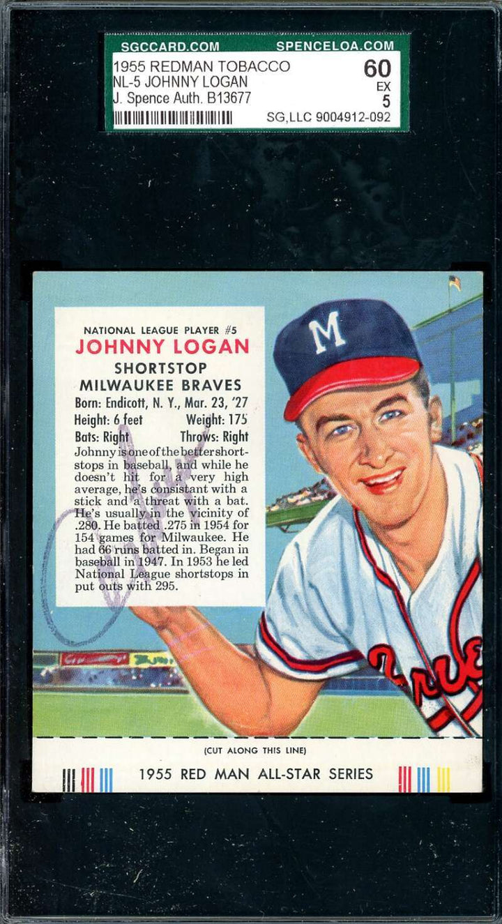 Johnny Logan JSA SGC Coa Signed 1955 Red Man Tobacco With Tab Autograph
