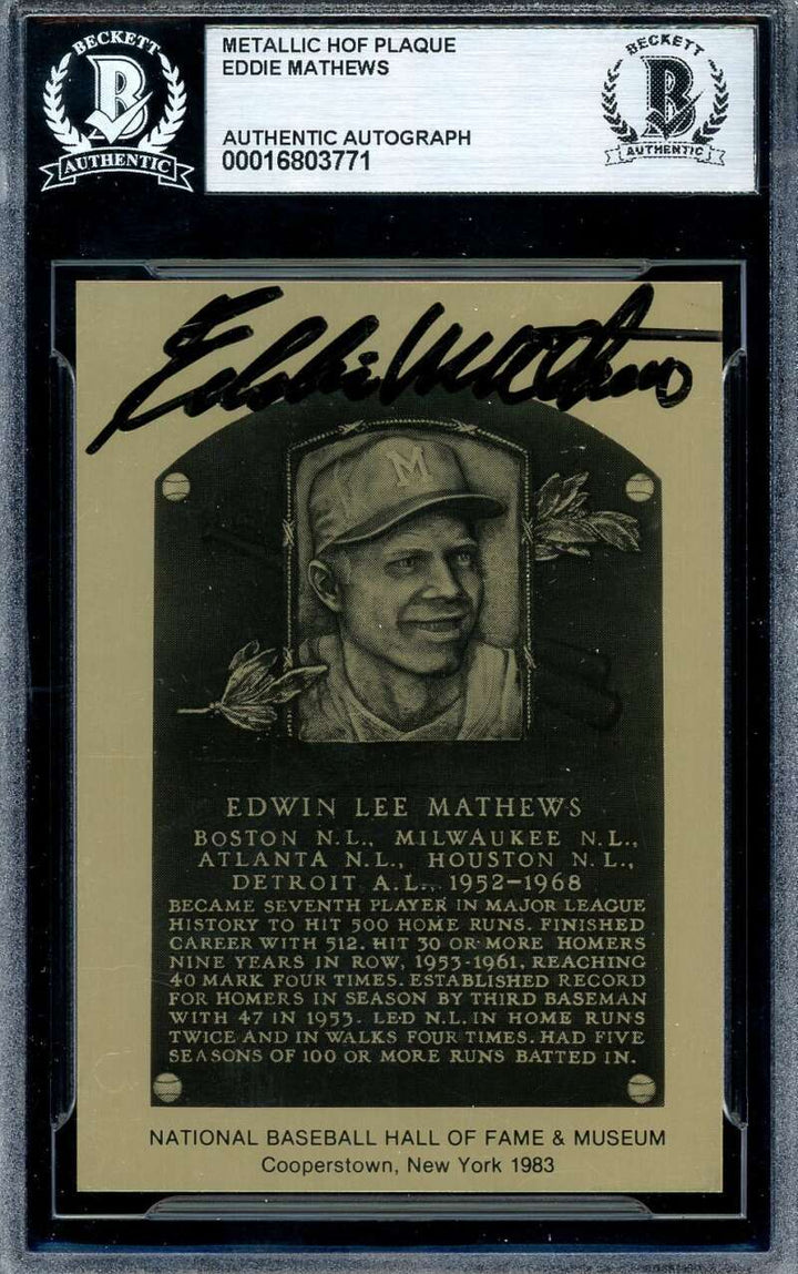 Eddie Mathews Beckett BAS Signed Gold Metallic Hall of Fame Plaque Autograph