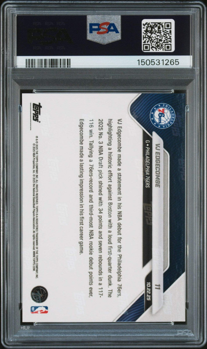 Graded 2025 Topps Now VJ Edgecombe #11 Rookie RC Basketball Card PSA 10 Gem Mint