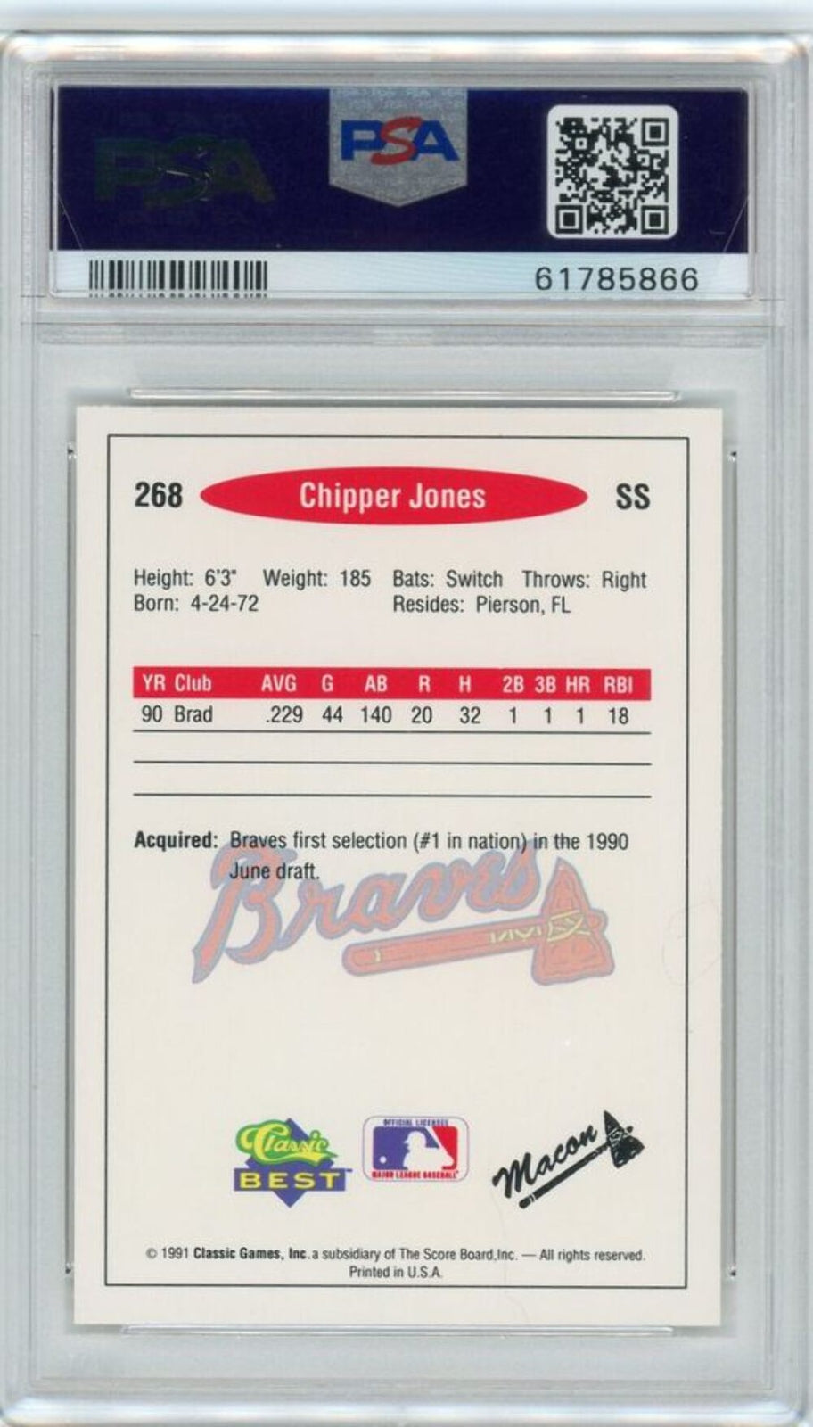Graded 1991 Classic Best Chipper Jones #268 Rookie RC Baseball Card PSA 10 Gem