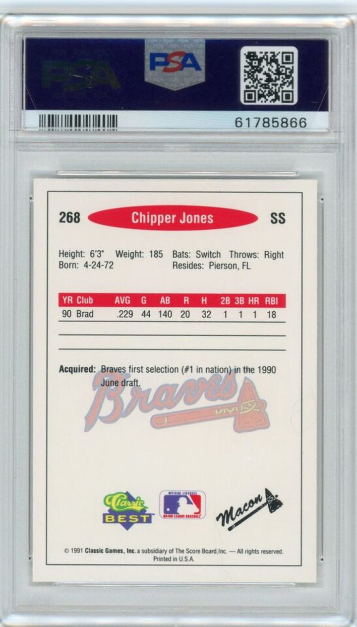 Graded 1991 Classic Best Chipper Jones #268 Rookie RC Baseball Card PSA 10 Gem