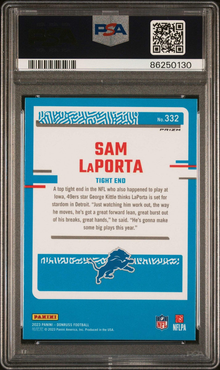 Graded 2023 Donruss Sam LaPorta #332 Optic Blue Scope RC Football Card PSA 10