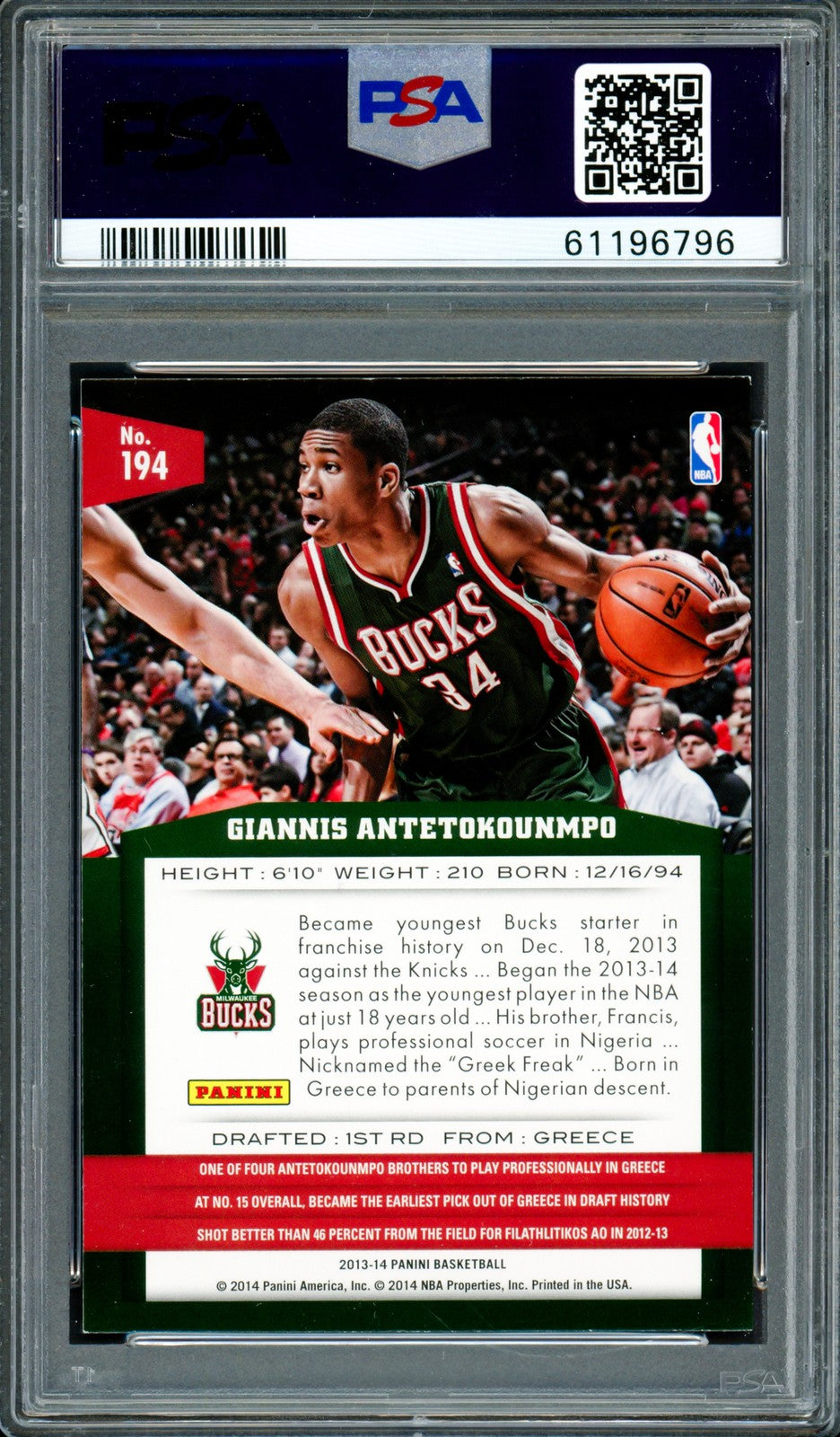 Giannis Antetokounmpo Signed 2013 Panini RC 194 Bucks Auto GM 10 PSA/DNA