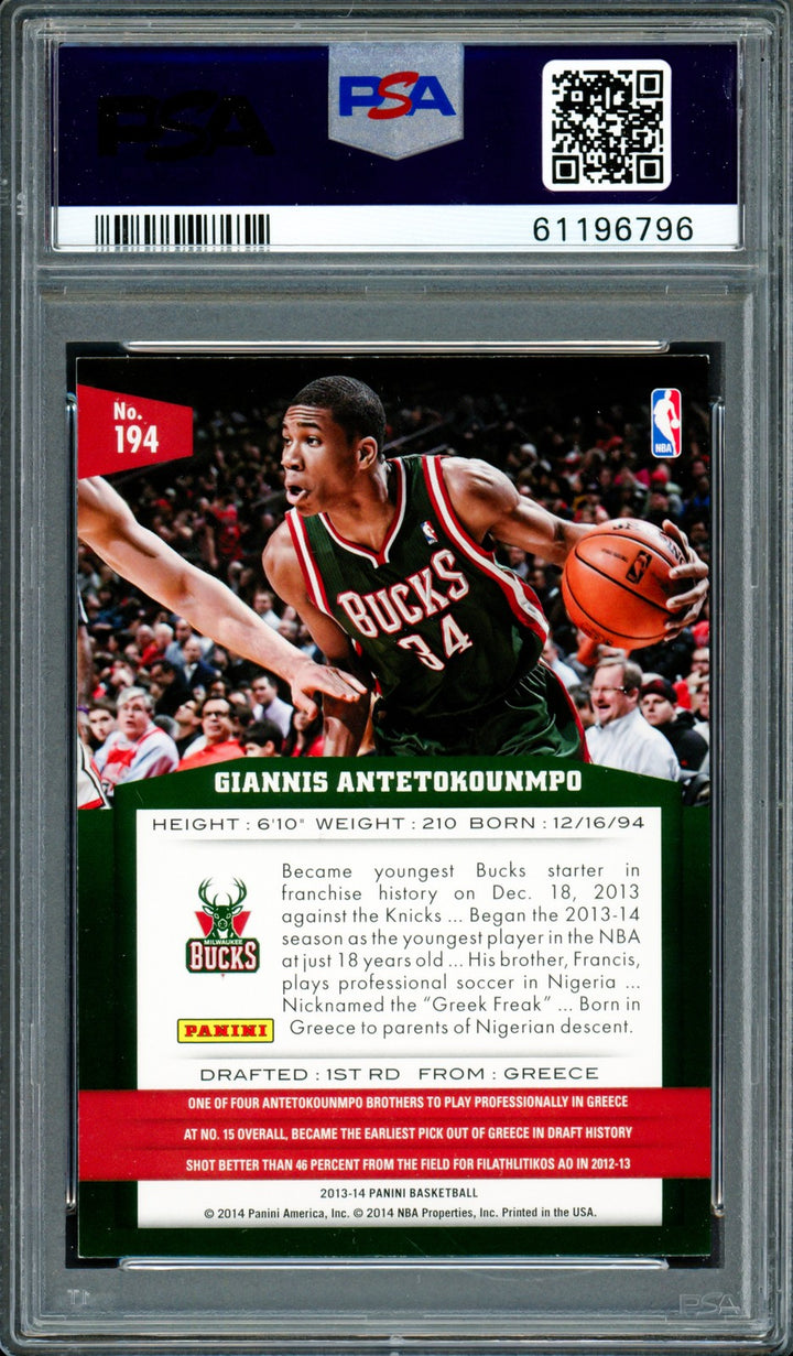 Giannis Antetokounmpo Signed 2013 Panini RC 194 Bucks Auto GM 10 PSA/DNA