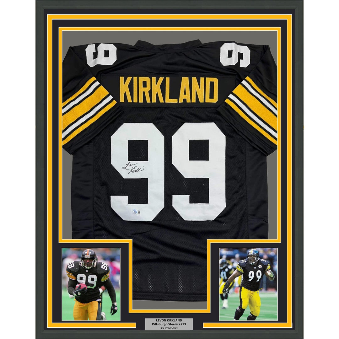 Framed Autographed/Signed Levon Kirkland 35x39 Pittsburgh Black Jersey COA