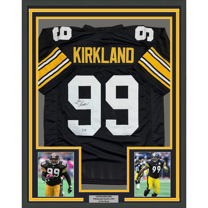 Framed Autographed/Signed Levon Kirkland 35x39 Pittsburgh Black Jersey COA
