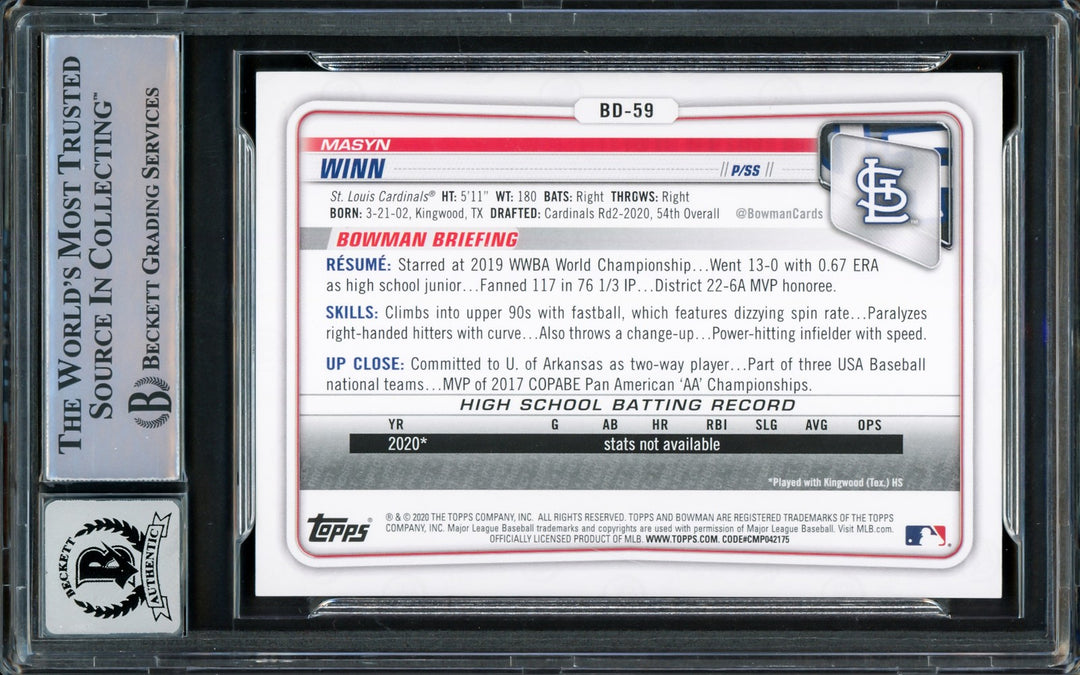 Masyn Winn Auto 2020 Bowman Draft RC BD-59 St. Louis Cardinals Auto 10 Beckett