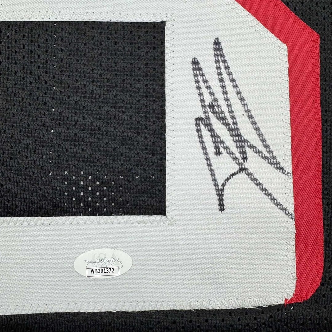 Framed Autographed/Signed Jessie Bates III 35x39 Atlanta Black Jersey JSA COA