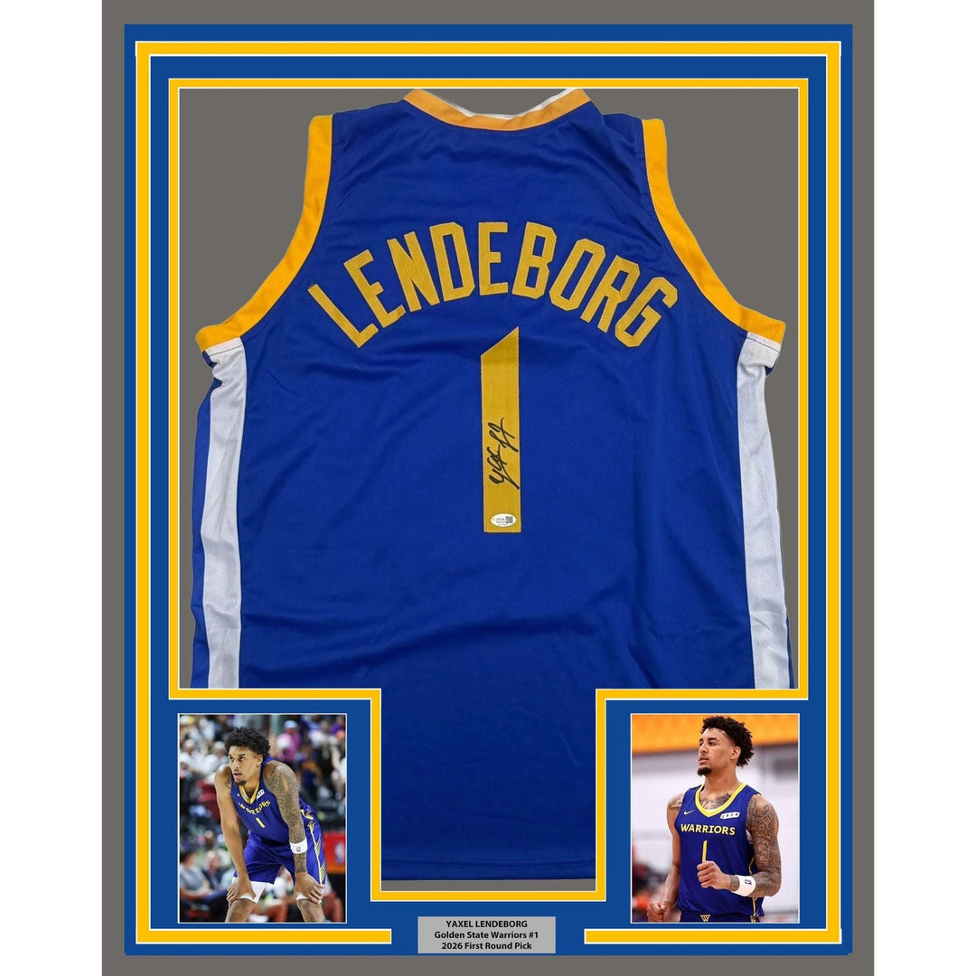 Framed Autographed/Signed Yaxel Lendeborg 35x39 GSW Blue Jersey JSA COA
