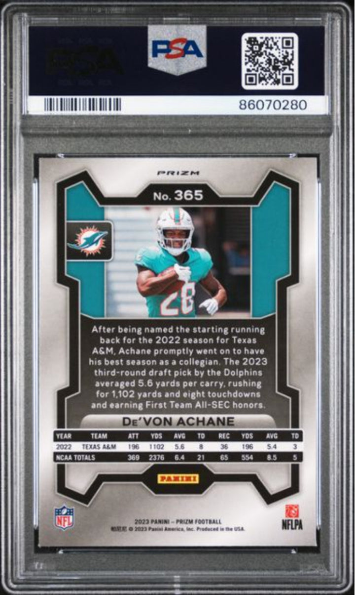 Graded 2023 Panini Prizm Devon Achane #365 Lazer Rookie RC Football Card PSA 10