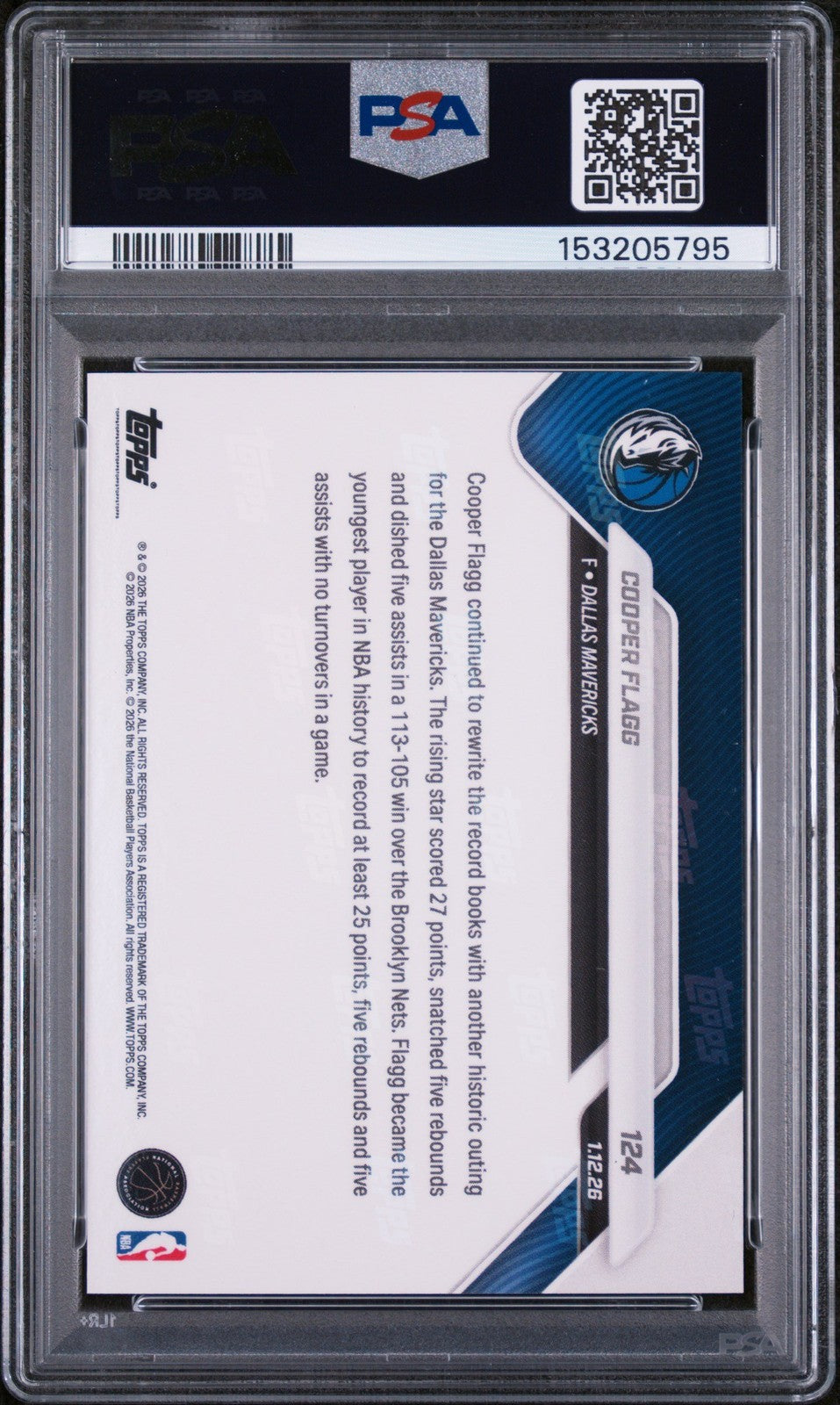 Graded 2025 Topps Now Cooper Flagg #124 Rookie RC Basketball Card PSA 10