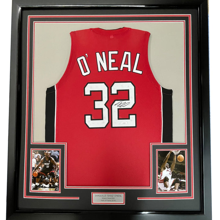 FRAMED Signed SHAQUILLE SHAQ O'NEAL 35x39 Miami Red Jersey JSA COA