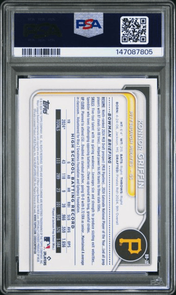 Graded 2024 Topps Bowman Draft Konnor Griffin #BD22 RC Baseball Card PSA 9