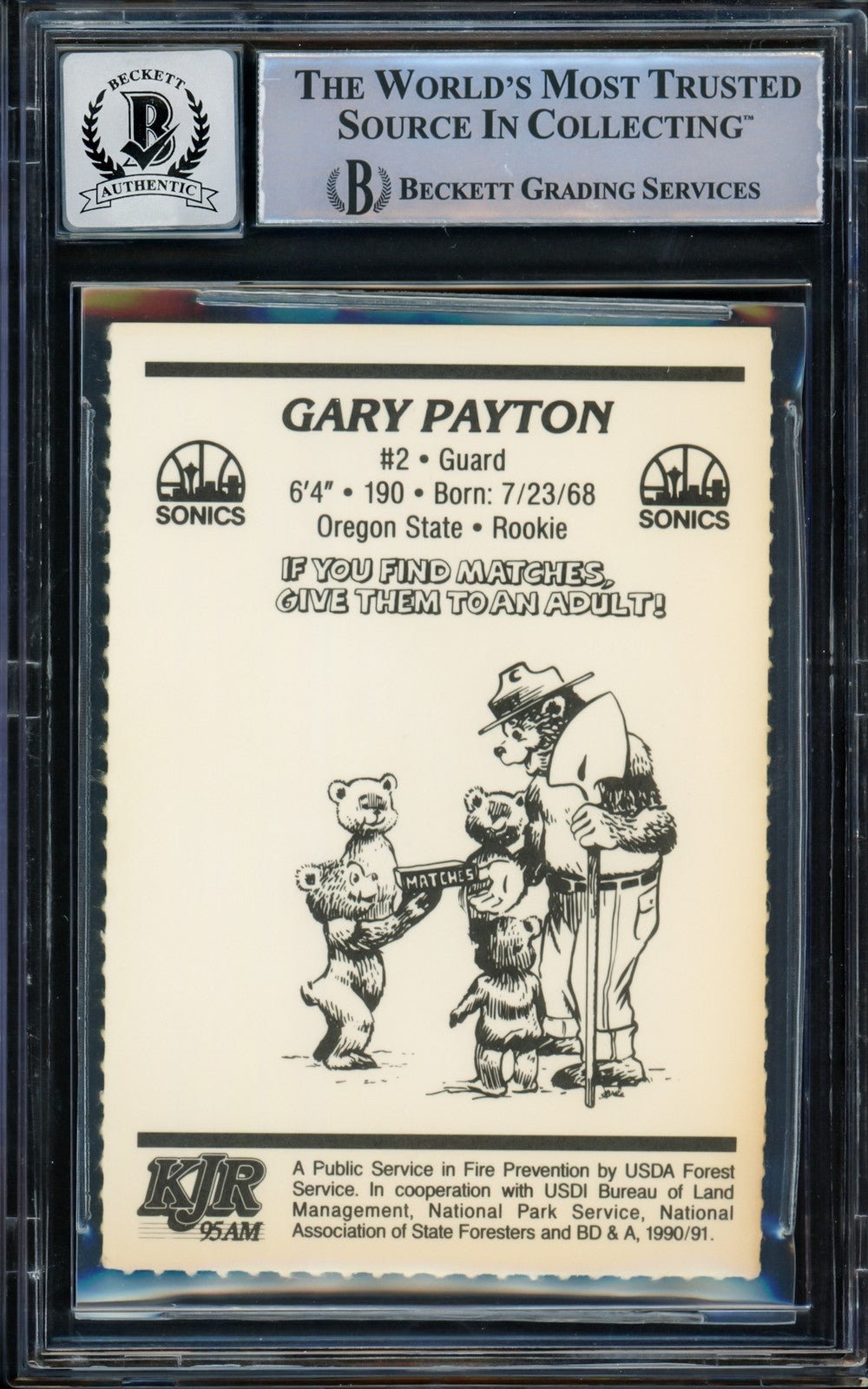 Gary Payton Signed 1990-91 Smokey The Bear RC 14 Supersonics Auto 10 Beckett