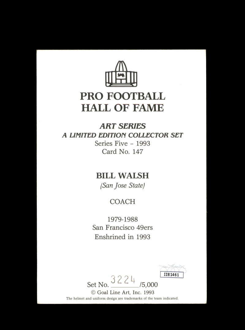 Bill Walsh JSA Coa Signed Goal Line Art Card San Francisco 49ers Autograph