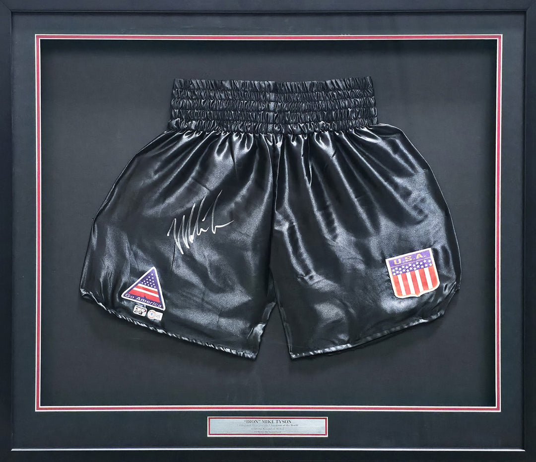 Mike Tyson Signed Framed Black Boxing Trunks Beckett BAS Witness