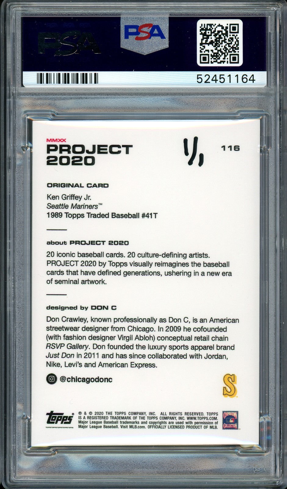 Ken Griffey Jr. Auto Topps Project 2020 Don C Card 116 Mariners 24 #1/1 PSA/DNA
