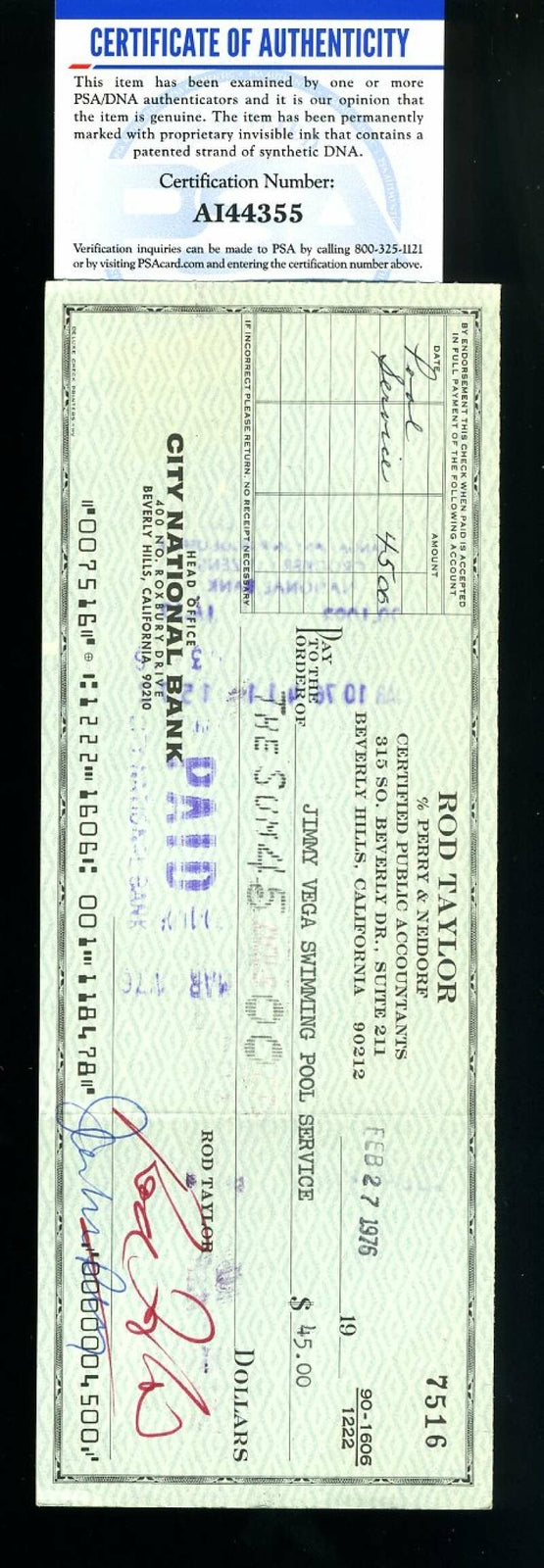Rod Taylor PSA DNA Cert Signed Check Autograph