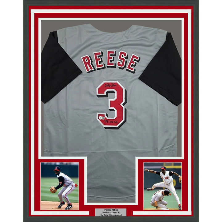 Framed Autographed/Signed Pokey Reese 35x39 Cincinnati Grey Jersey BAS COA