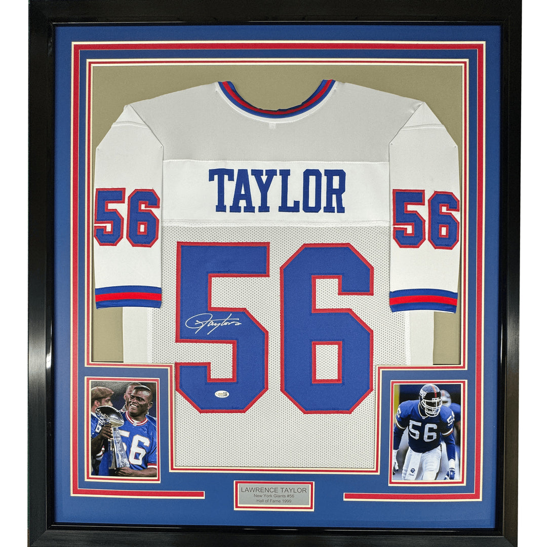 FRAMED Signed LAWRENCE TAYLOR 35x39 New York White Jersey JSA COA
